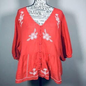 Coral floaty top with white embroidery and fabric covered buttons summer boho XL